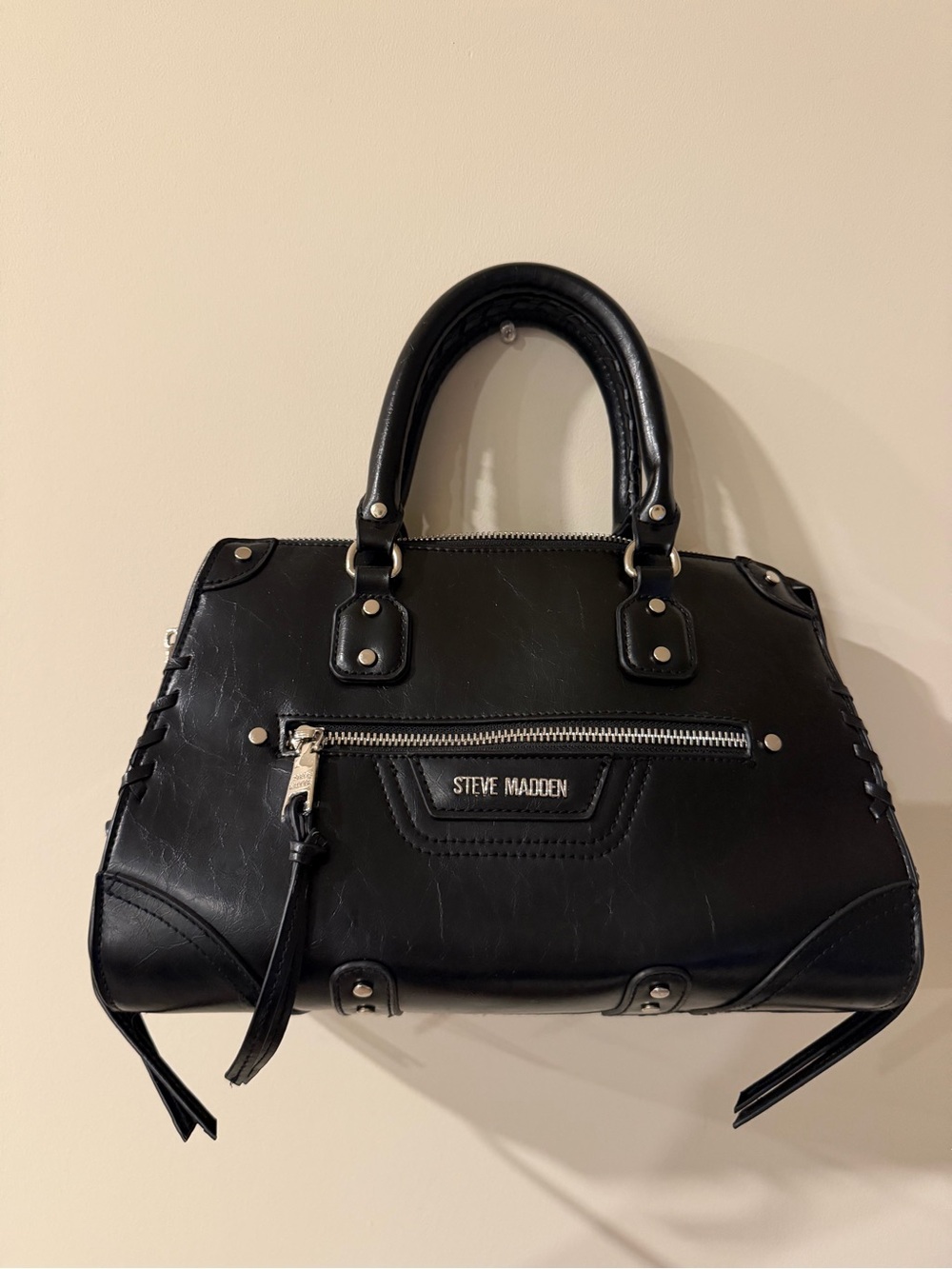 Steve Madden Black Leather Satchel with Silver Hardware